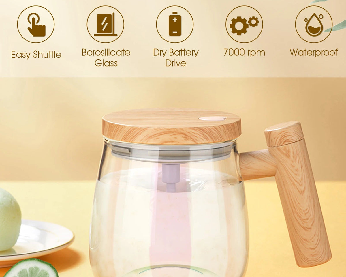 Clear glass mug with wooden lid and handle on a yellow background, featuring product features.